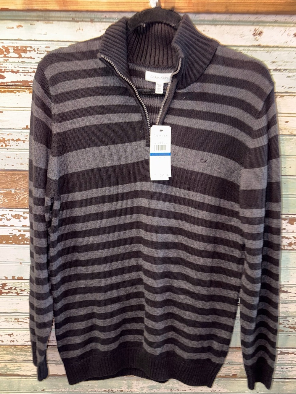 NEW Calvin Klein Black and Gray Striped Zip-Neck Sweater